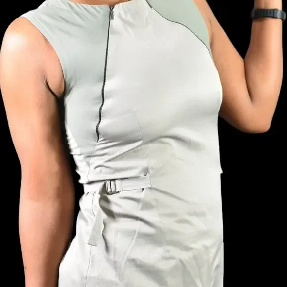 Cargo Utility Midi Dress Tan Khaki Stretch Zippers Parachute Sack Utilitarian XS - Picture 4 of 16